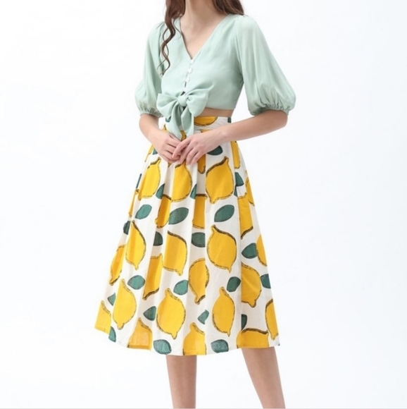 SUMMER COOL LEMON A-LINE MIDI SKIRT - Picture 1 of 10